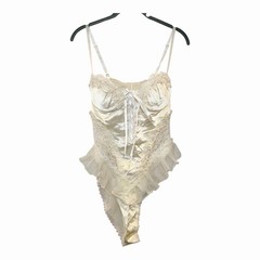 Vtg White Satin Floral Lace Hi-Cut Thong Teddy Bodysuit Bridal Lace Up Coquette