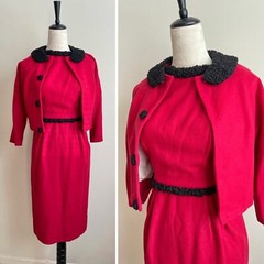 Vintage 60s Jackie O Custom Red Wool Curly Lamb Fur Trim Dress Coat Set XS 0-2
