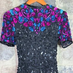Stenay Vintage Silk Sequin Dress Black Teal Magenta Petite 6 Cocktail Sheath