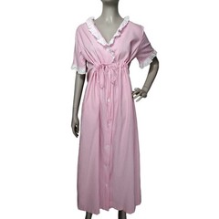 Vintage 50s Carol Brent Pink Candy Stripe Lace Belted Nightgown Robe House Dress