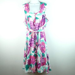 Vintage 80s Plus Size Dress Fit Flare Belted Size 26 Floral Tea Garden Party