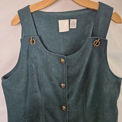 Christopher & Banks Dark Green Faux Suede Button-Front Jumper Dress Womens 14