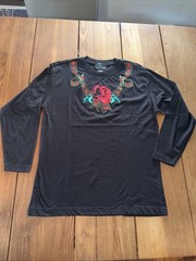 CAROLE LITTLE Black Knit Top Sz S Red Rose Embroidery Sequins LS