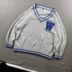 H&M Divided V Neck Sweater Womens XL Varsity Patch Preppy Slouchy Gray Retro