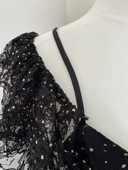 Vintage Nuance Black Lace Metallic Dot Puff Sleeve Dress Made in USA XS