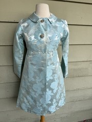 70’s Ice Blue Floral Brocade Cocktail Sheath Dress Matching Coat Metallic 28” 4