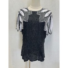 Stenay 100% Silk Beaded Sequin Black White Top Womens 14 Vintage Evening Blouse