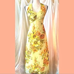 Vintage 70s Rhapsody Halter Organza Maxi Dress ILGWU Floral Yellow 28″ Waist