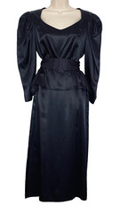 Vintage 1980s black satin peplum dress puffed sleeve 1940s Victorian midi S