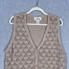 Vintage Crochet Cardigan Sweater Vest XL Tan Cottage Open Knit Granny Neutral