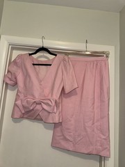 VTG Raul Blanco Pink Linen Lined Skirt Suit Set Bow Front Glinda Girly Size 8