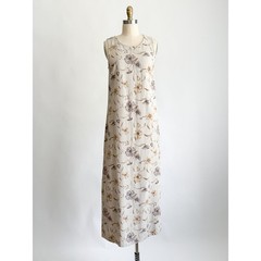 Vintage Blue Maxi Dress Floral Linen Blend 90s Shift Sleeveless Tan Purple S