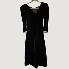 Vintage Black Velvet Maxi Dress Long Sleeve Gold Lace Trim V-Back Gown