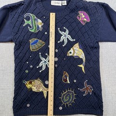 VTG 90s Cedars Beaded Sweater Womens M Navy Ocean Fish Sea Life Embellished