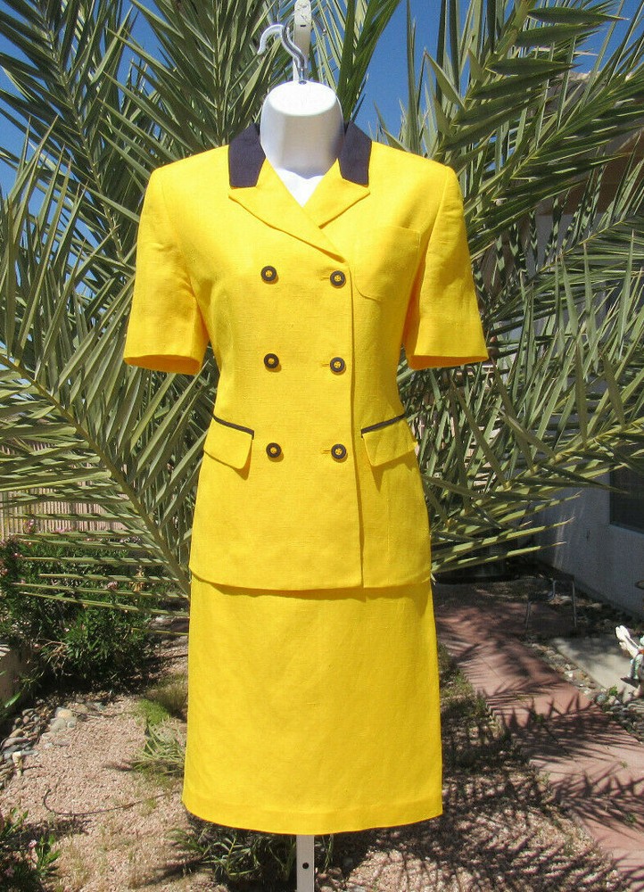 VTG 1980s HARVE BERNARD YELLOW SIZE 4 SKIRT & JACKET SUIT LINEN RAYON BLEND