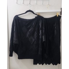 Vintage Black Diamond Knit 2 Piece Set Batwing Top Scalloped Midi Skirt L XL