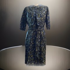 1950’s Vintage Two Piece Short Sleeve Belted Dress Blue Green Print Size 16 1/2