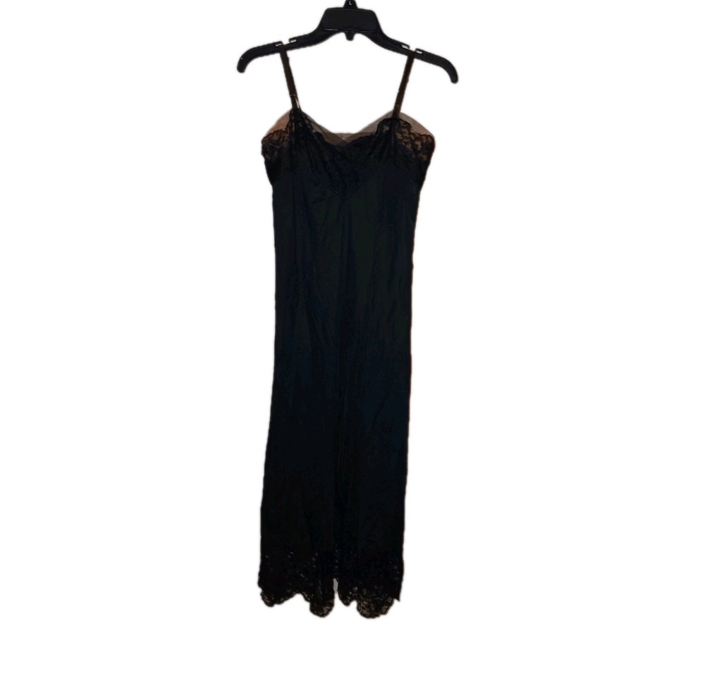 Vintage Rogers Nightgown Size 34 Black Nylon Tricot Lace Trim Slip Soft Lingerie