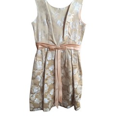 Vintage Brocade Prom Dress sz 8 1960’s Gold Floral Jacquard Sleeveless Satin Bow