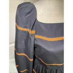 Vintage Square Neck Puff Long Sleeve Midi Dress Black Ochre Stripe Size 6
