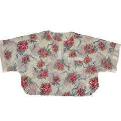 Vintage JO Intimates Floral Damask Pajama Top Medium Pink Rose Blue Ribbon Cream