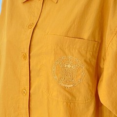 Vintage 1980s gold blouse, yellow mustard cotton blend long sleeve turmeric S M