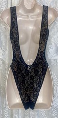 VTG L Black NYLON Soft Stretch LACE Teddy Romper Body suit nightie w snap gusset