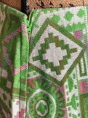 Vintage 1960s 1970s Mod Green Red Ivory Tapestry Mini Skirt Jacket Set Women’s S