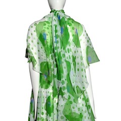Vintage 1970s Green Chiffon Maxi Dress & Cape Set Polka Dot Floral Boho S XS