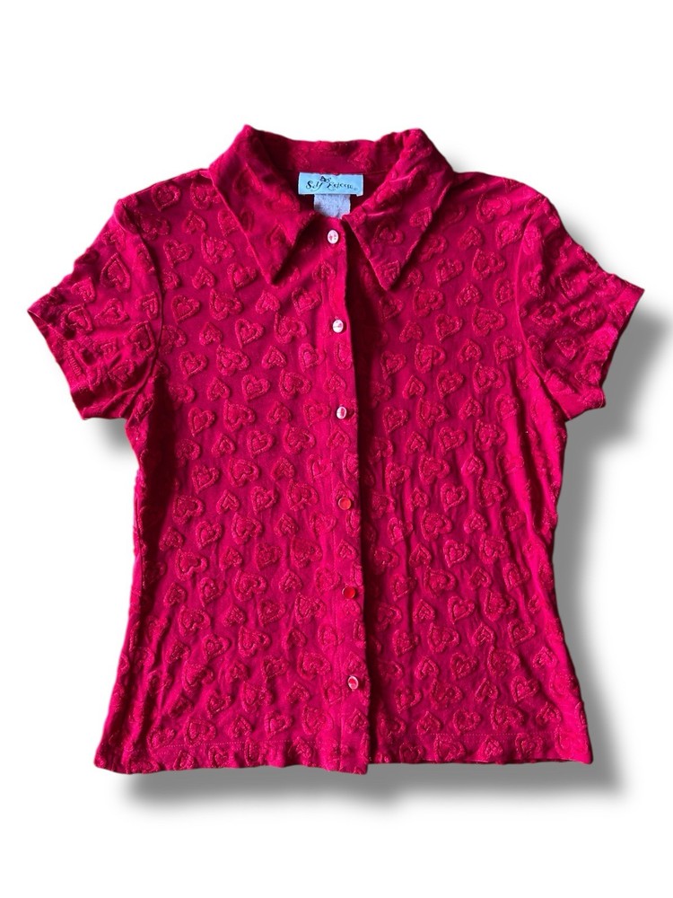 Vintage 90s Self Esteem Heart Print Button Shirt Size Large Valentines Day Y2K