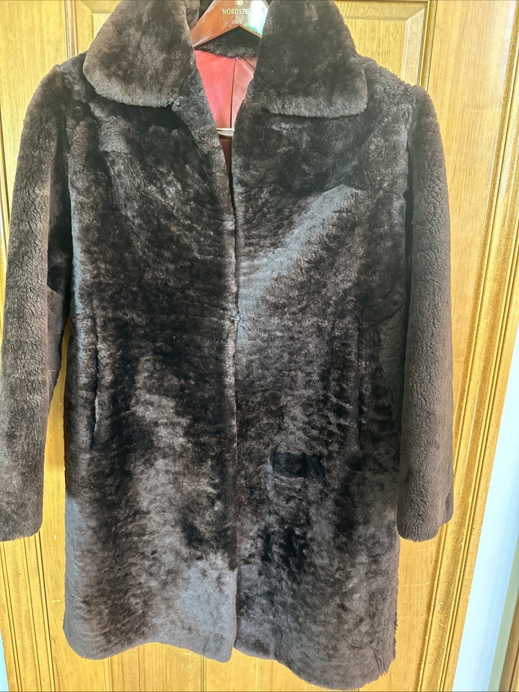 Vintage 1950s Mouton Lamb Fur Coat Brown Womens Size S