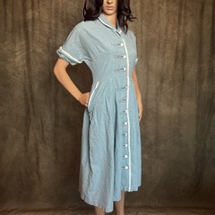Vintage 60s Toni Todd Blue Shirt Waist Dress Blue Short Sleeve Midi Rhinestone