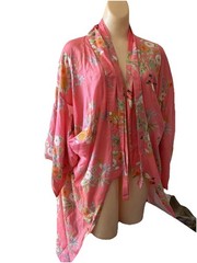 Vtg Best Quality Japan 52.5” Long Kimono Robe Peachy Pink w/Birds One Size