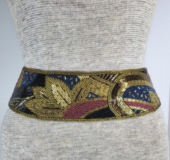 Vintage 80’s 90’s Beaded Belt Adjustable Hook & Loop Closure Black Gold Deco
