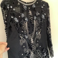 vintage oleg cassini M 100% Silk Heavy Beaded Long Sleeve Evening Jeweled Top