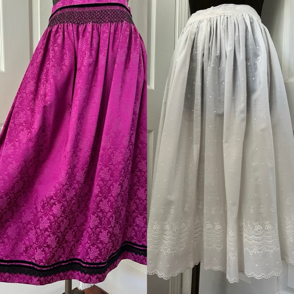 2 Skirts x Dirndl~1 Purple Damask w Lace~1 Embroidery Roses Dots Eyelets~S or M