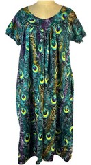 Vintage Laddie Peacock Feather Print Hawaiian Cotton Muumuu O/S