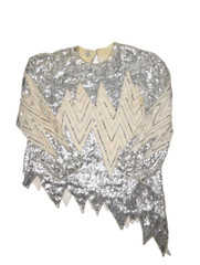 Vintage Sequin Top Womens XL Silk Silver Dance Disco Asymmetric Zig Zag Club