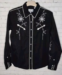 Panhandle Slim Western Pearl Snap Embroidery Black Shirt Rodeo Women Sz L USA