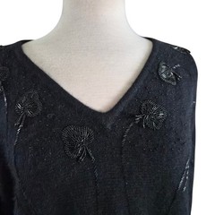 Vintage Saks Fifth Avenue Black Angora Lambswool Beaded V-Neck Sweater Large