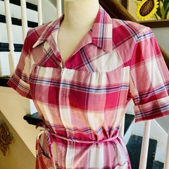 1970s Casual Day Dress House Dress Burgundy Plaid Western Butterfly Collar Mod