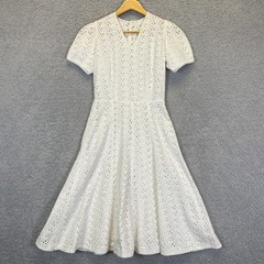 Vintage 1970s Eyelet Prairie Dress XS Cottagecore Romantic Puff Sleeve Midi