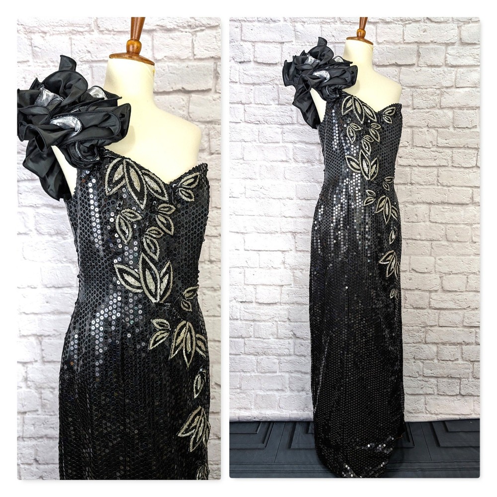 M Vintage Black Sequin Formal One Shoulder Bead Applique Side Slit Sexy 80s 90s
