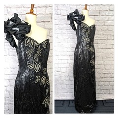 M Vintage Black Sequin Formal One Shoulder Bead Applique Side Slit Sexy 80s 90s