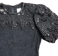 Vintage 80s Leslie Fay Petite Smocked Sequin Black Dress Short Sleeve 4 P Small