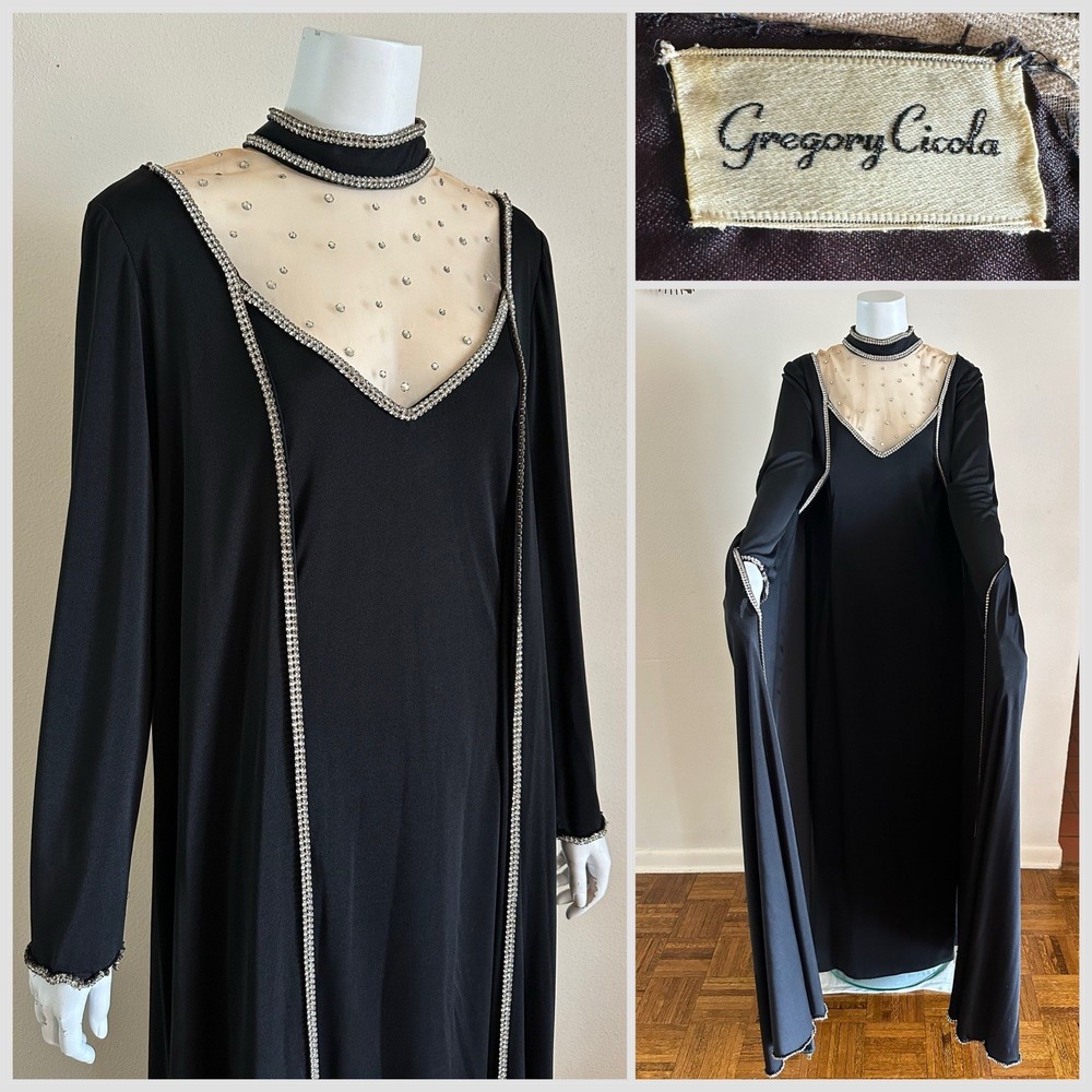 1970s Custom Opera Stage Recital Gown Costume Shoulder Cape Rhinestone Dress VTG