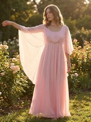 Vintage 70s Pastel Pink Fairycore Boho Princess Cape Sleeve Prom Gown Dress L