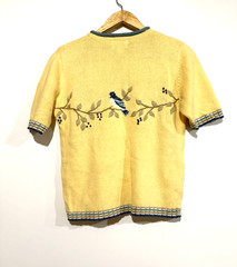 Vintage Y2K Summer Knit Sweater Short Sleeve Woman S Birds All Over Print Granny