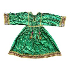 Vintage Afghan Kuchi Tribal Dress Green Brocade Mirror Work Shisha Embroidery