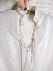 Vtg 60s Nylon Lingerie Top Gold Trim Thin Loop Bow High Collar Pinup S M B36 MCM